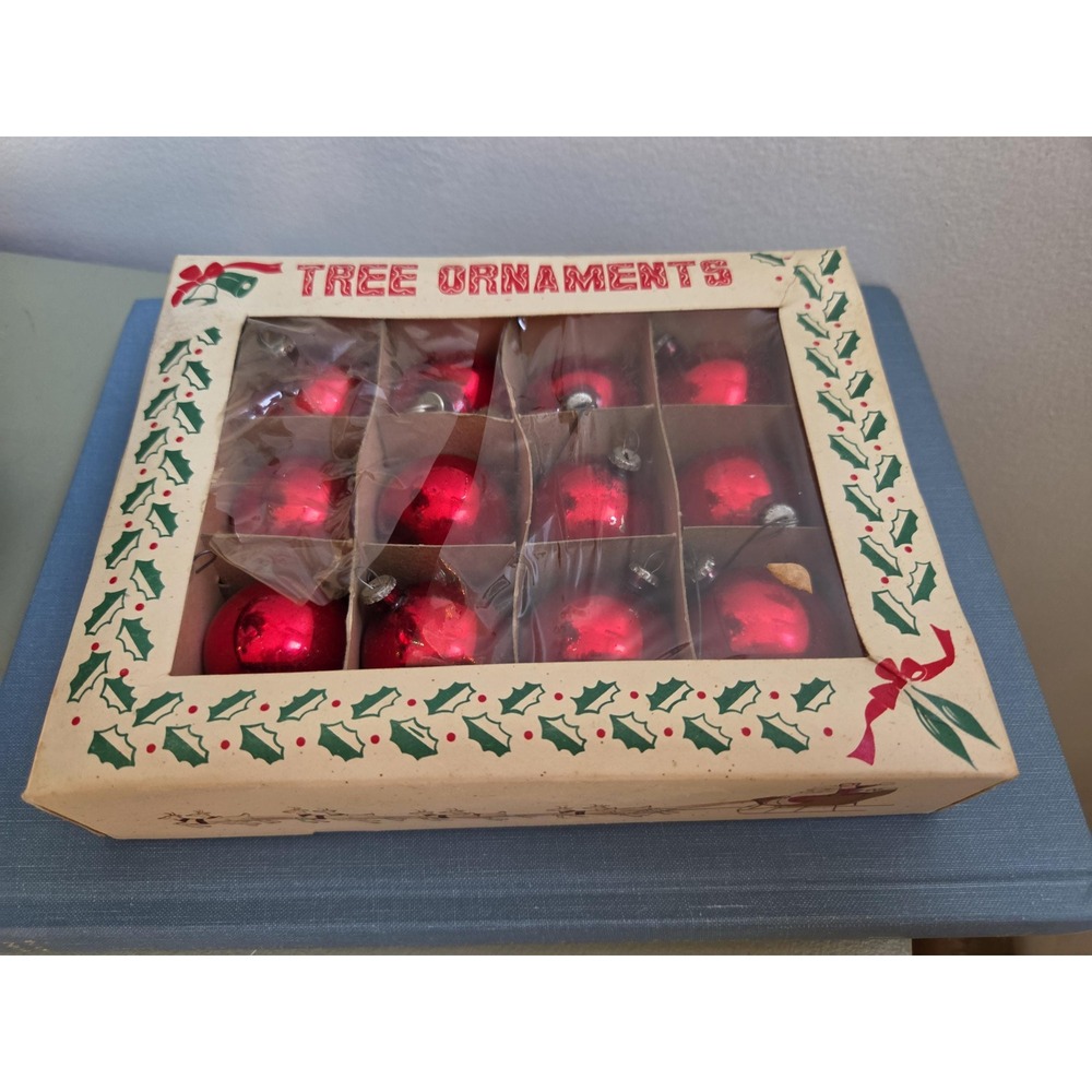 Vintage Japan Mini Red Glass Christmas Ornaments Set of 12 Original Box